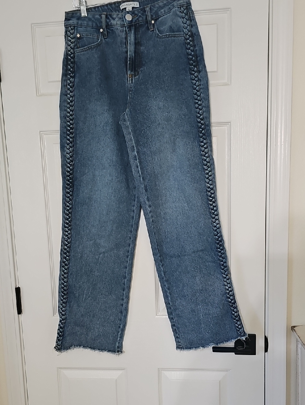 High-Rise Straight Leg Jeans with Braided Side Trim - Blue